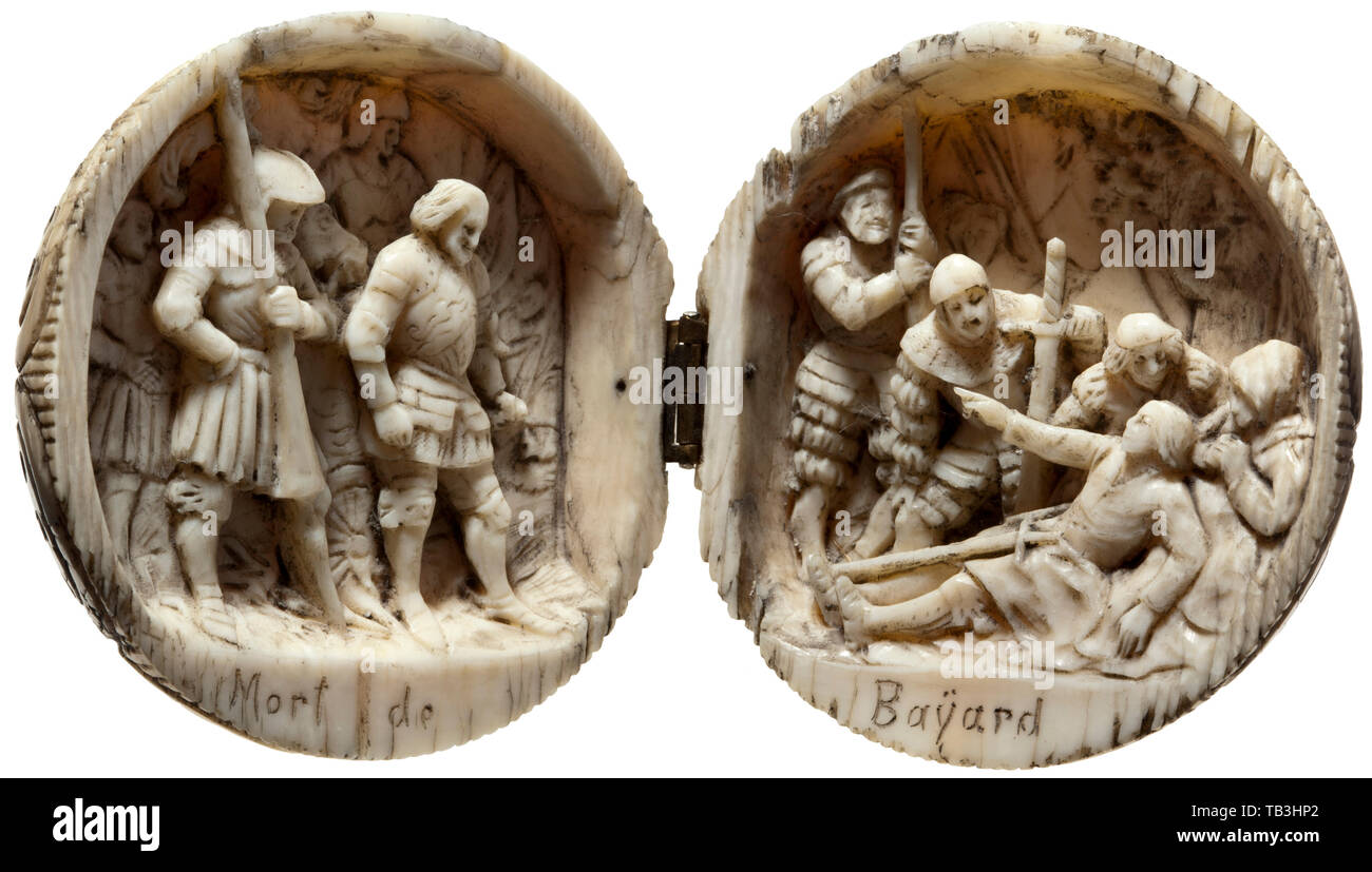 Un Francese scolpiti pallina di avorio, secolo XIX, un massiccio pallina di avorio che si dispiega in medio su una cerniera in ottone, l'esterno intagliato con decorazioni geometriche. L'interno complessamente intarsiato con una rappresentazione tridimensionale di Bayard la scena di morte in mezzo ai suoi soldati. 'Mort de Bayard' inscritto nella parte inferiore. Diametro 5.4 cm. Chevalier de Bayard era un noto generale francese (1476 - 1524). artigianato, artigianato, craft, oggetto, gli oggetti alambicchi, clipping, clippings, tagliate, cut-out, cut-outs, storico, storico del XIX secolo, Additional-Rights-Clearance-Info-Not-Available Foto Stock