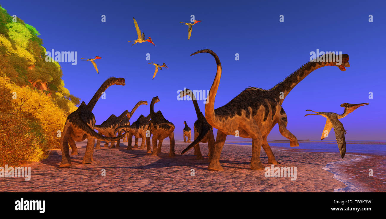Europasaurus Dinosaur Beach - un rettile Pterodactylus vola troppo vicino a un dinosauro Europasaurus mandria percorrendo a piedi una spiaggia durante il Giurassico. Foto Stock