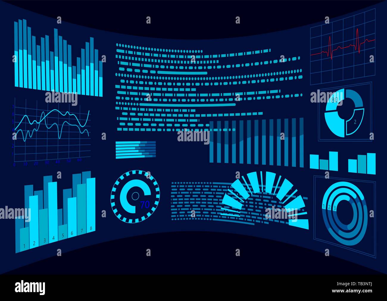 Piatto HUD blu virtual display del cruscotto. Interfaccia utente touch screen. Grafico di diagramma di tendenza. Analisi dei dati di realtà aumentata casco del pannello di controllo Illustrazione Vettoriale