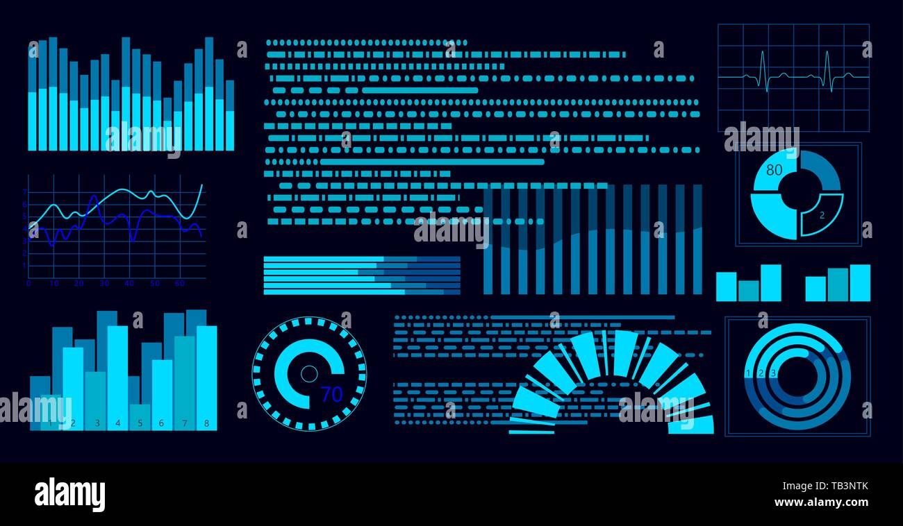 Piatto HUD blu virtual display del cruscotto. Interfaccia utente touch screen. Grafico di diagramma di tendenza. Analisi dei dati di realtà aumentata casco del pannello di controllo Illustrazione Vettoriale