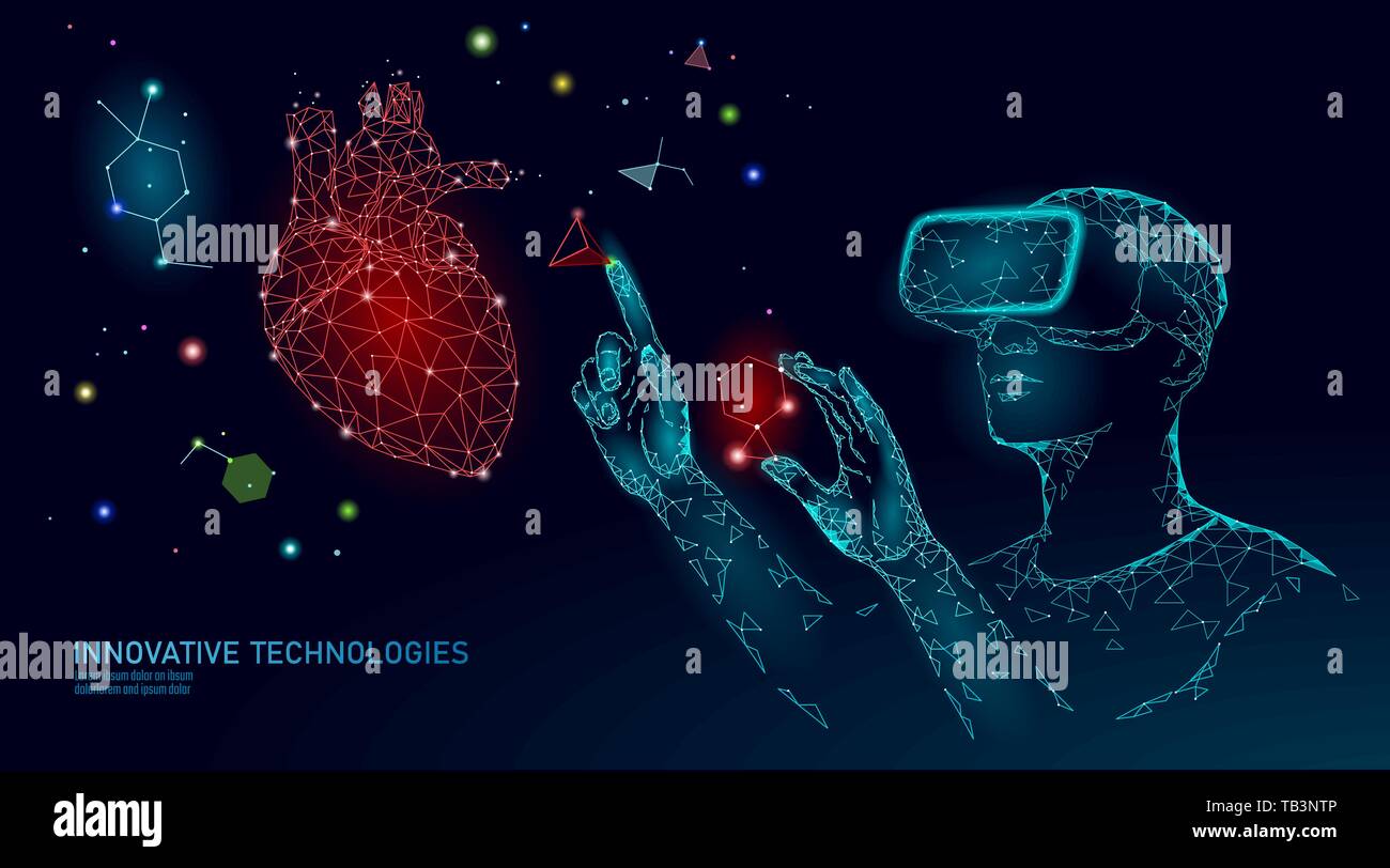 La scienza cardiologia funzionamento concetto di ricerca. Auricolare VR proiezione olografica occhiali per realtà virtuale. Medicina futuristico centro di analisi della salute Illustrazione Vettoriale
