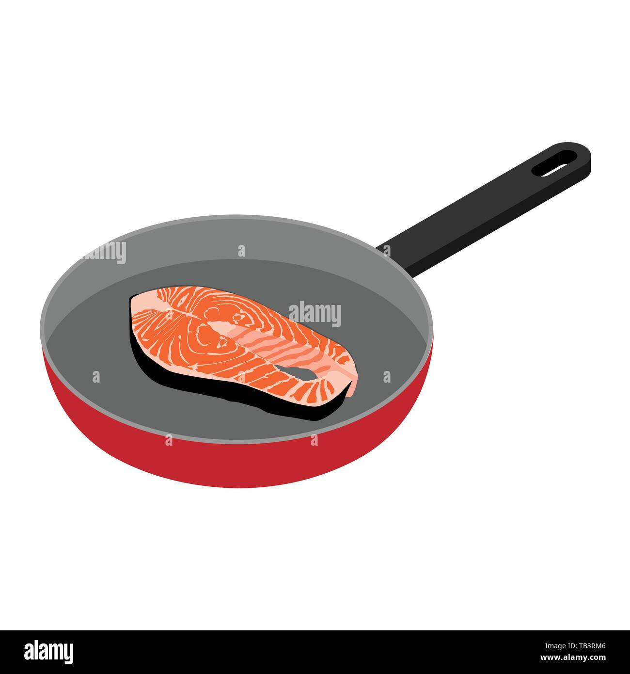 Pesce fresco bistecca di salmone in padella vista isometrica isolati su sfondo bianco Illustrazione Vettoriale