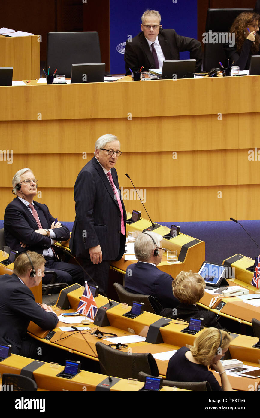03.04.2019, Bruxelles, Belgio - Jean Claude Juncker nel corso di un dibattito in seno al Parlamento europeo. 00R190403D090CAROEX.JPG [modello di rilascio: NO, Foto Stock