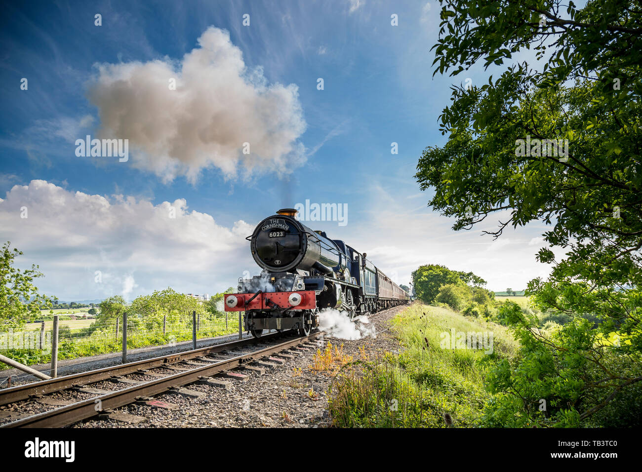Vintage British locomotiva a vapore re Edoardo II si avvicina sulla ferrovia passando attraverso la campagna del Regno Unito al sole primaverile; cumulo cielo nuvola. Foto Stock