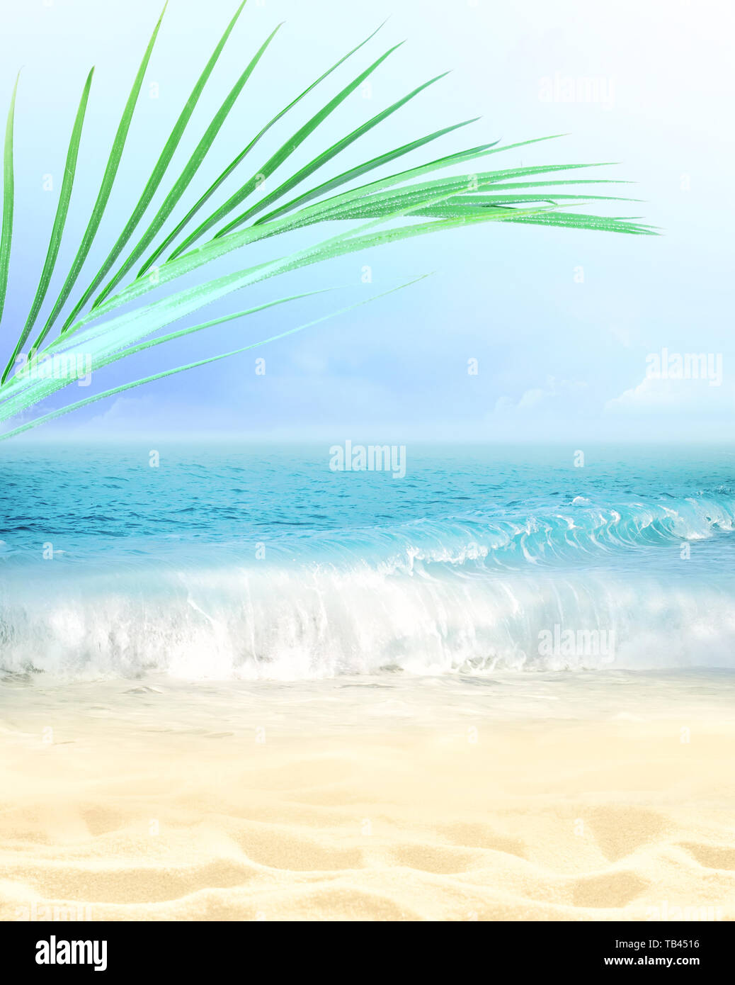 Estate spiaggia sfondo. La sabbia, di foglie di palma, del mare e del cielo. Foto Stock