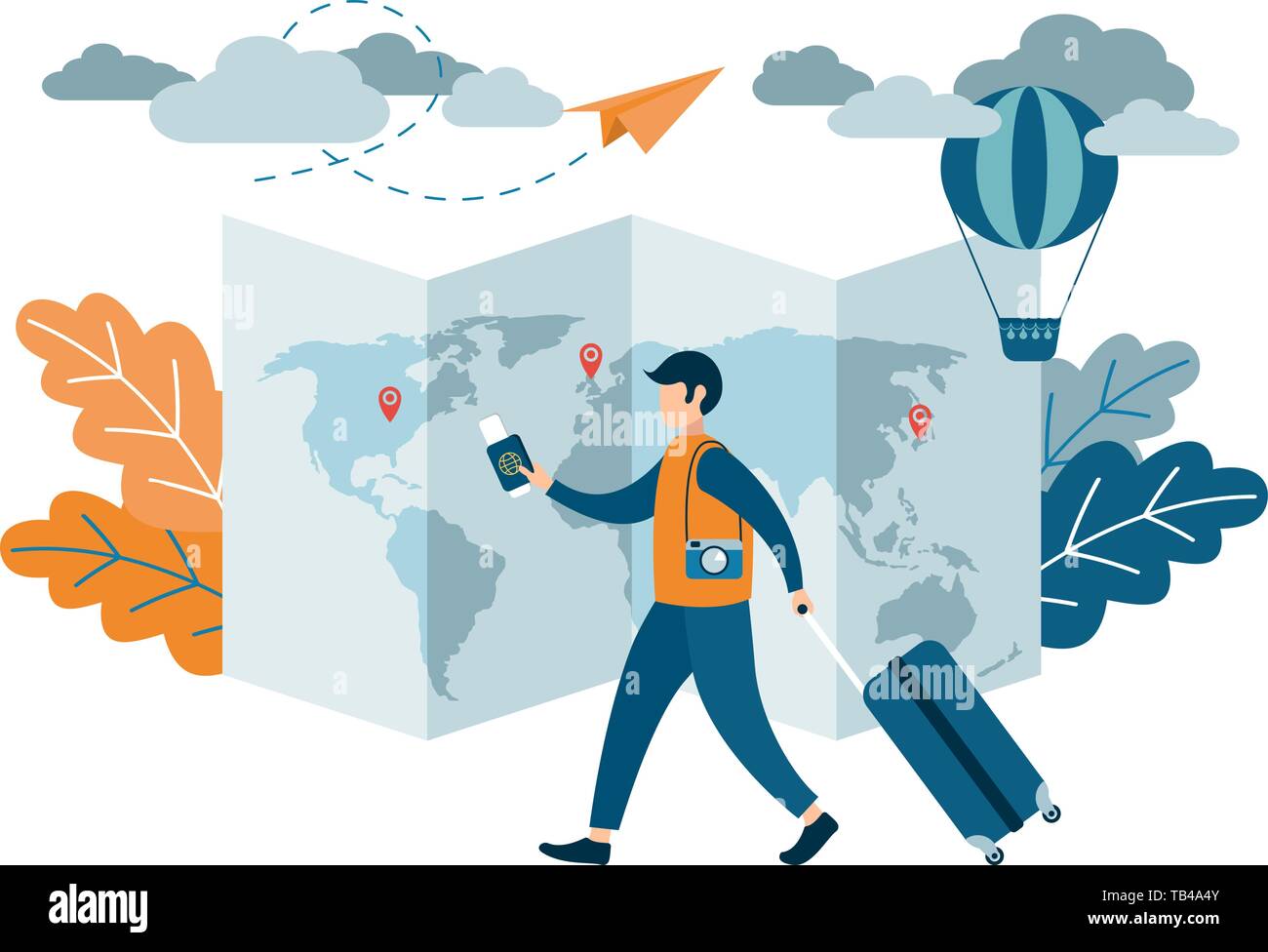 Le persone che viaggiano di design. Un uomo con una valigia in possesso di un passaporto e biglietti aerei. Appartamento illustrazione vettoriale. Illustrazione Vettoriale