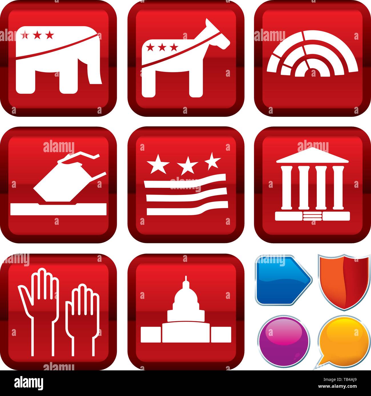 Illustrazione Vettoriale. Set di icone di politica sui pulsanti quadrati. Stile geometrico. Illustrazione Vettoriale