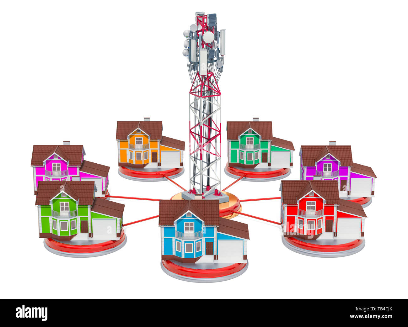 Torre mobile con case intorno, mobile concetto di comunicazione. 3D rendering isolati su sfondo bianco Foto Stock