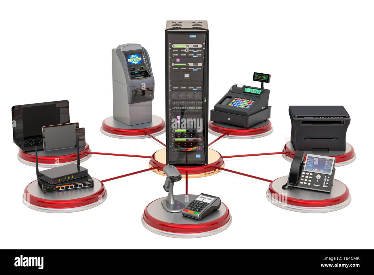 La comunicazione del server con trading, banche ed uffici attrezzatura concetto. 3D rendering isolati su sfondo bianco Foto Stock