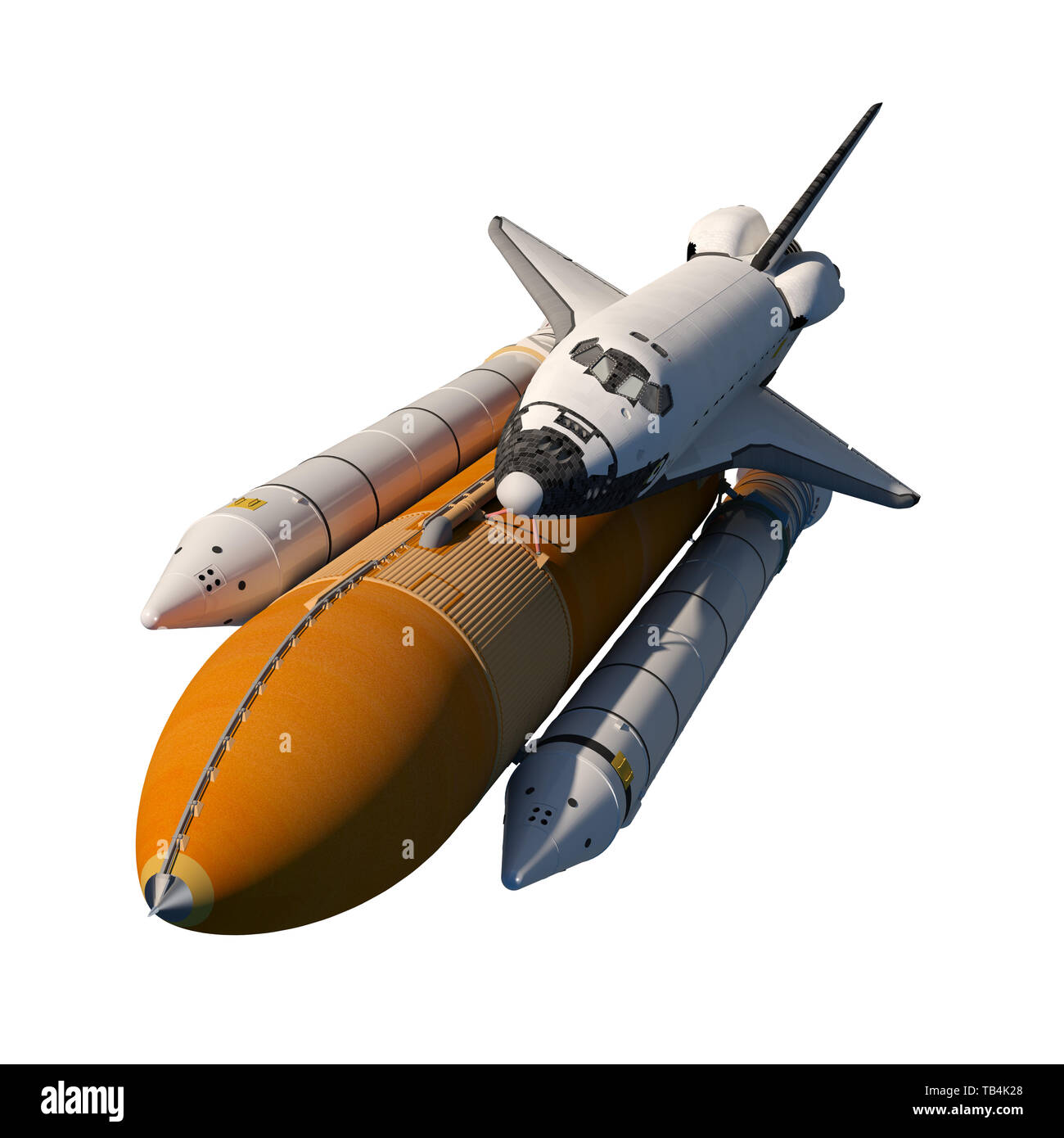 Space Shuttle battenti isolati su sfondo bianco. 3D'illustrazione. Foto Stock