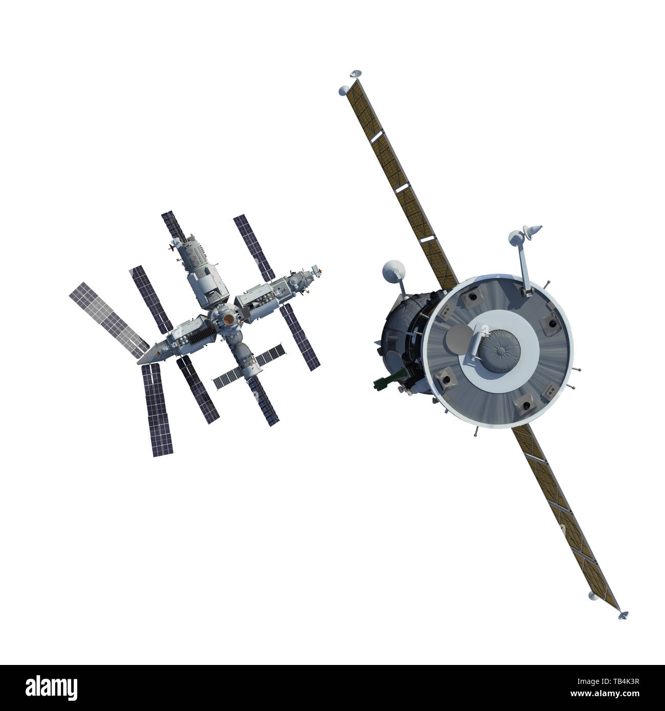 La navicella spaziale vola a stazione di spazio isolato su sfondo bianco. 3D'illustrazione. Foto Stock