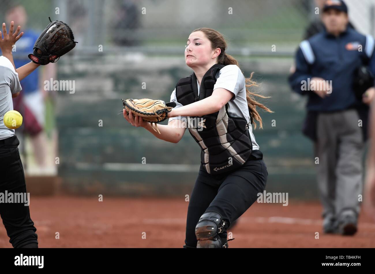 Catcher è in attesa di prendere un tiro home su un tentativo di forzare il gioco. Stati Uniti d'America. Foto Stock