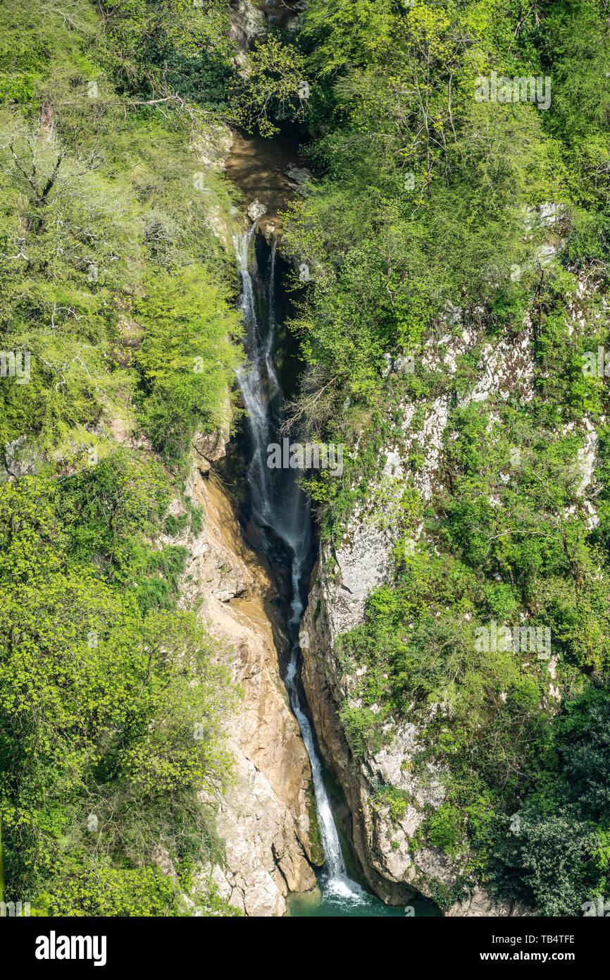 La vista dall'altezza dell'alta cascata di cadere in un lago in una foresta verde. Cascata in una gola di montagna. Foto Stock