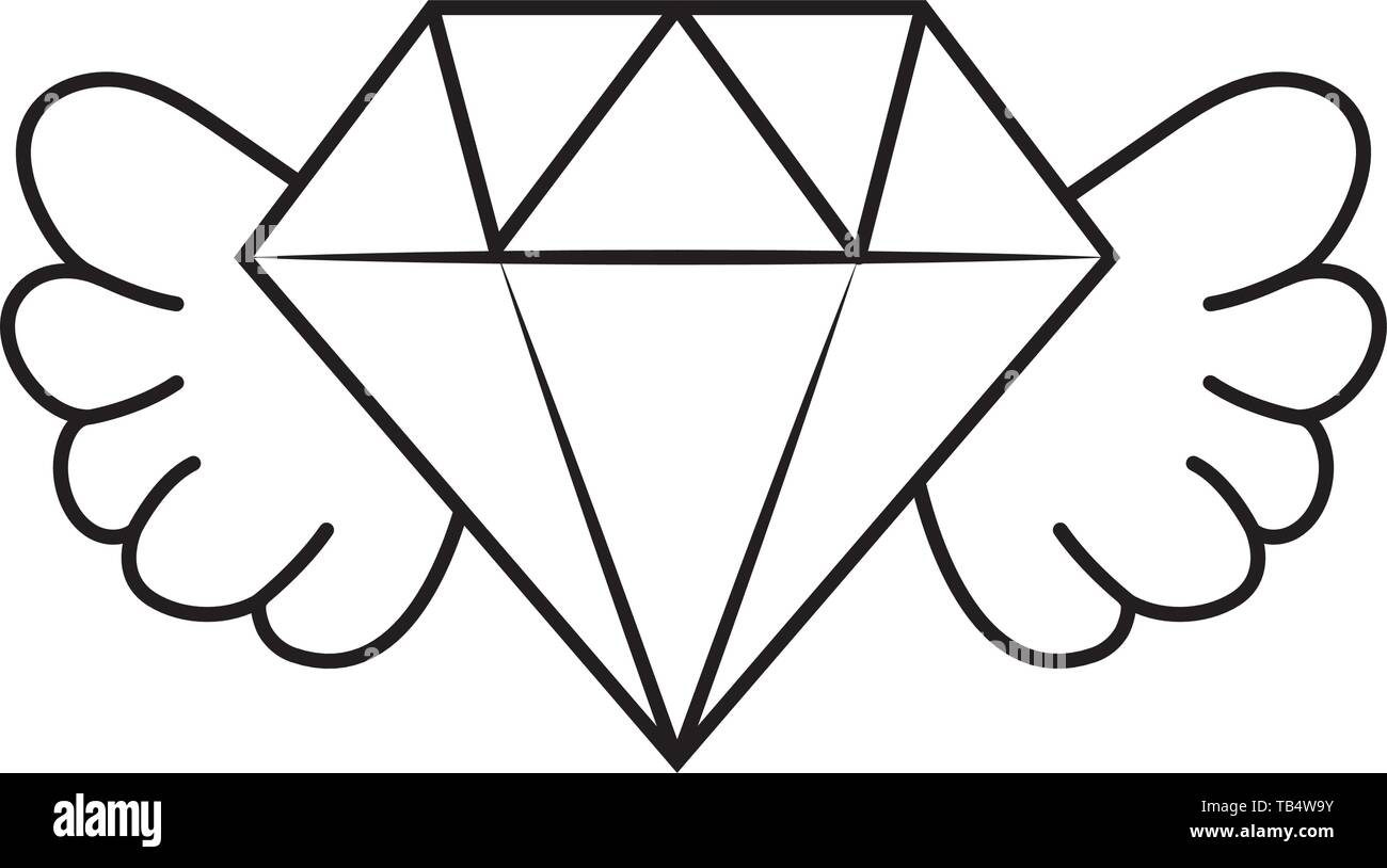 Diamons con ali icona cartoon in bianco e nero illustrazione vettoriale graphic design Illustrazione Vettoriale