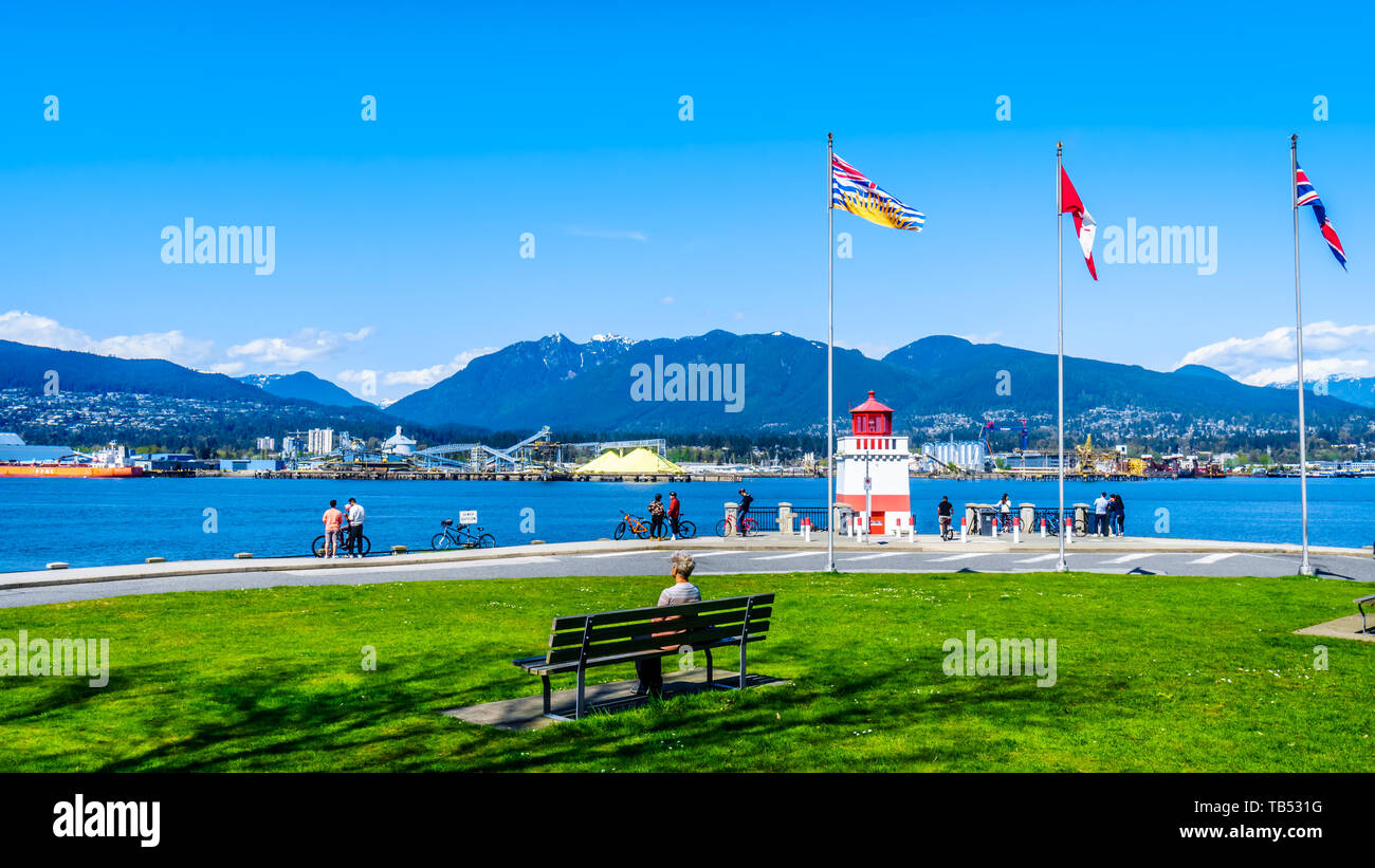 Il faro a Brockton punto sulla famosa Seawall percorso in Vancouver il famoso Parco di Stanley in British Columbia, Canada Foto Stock
