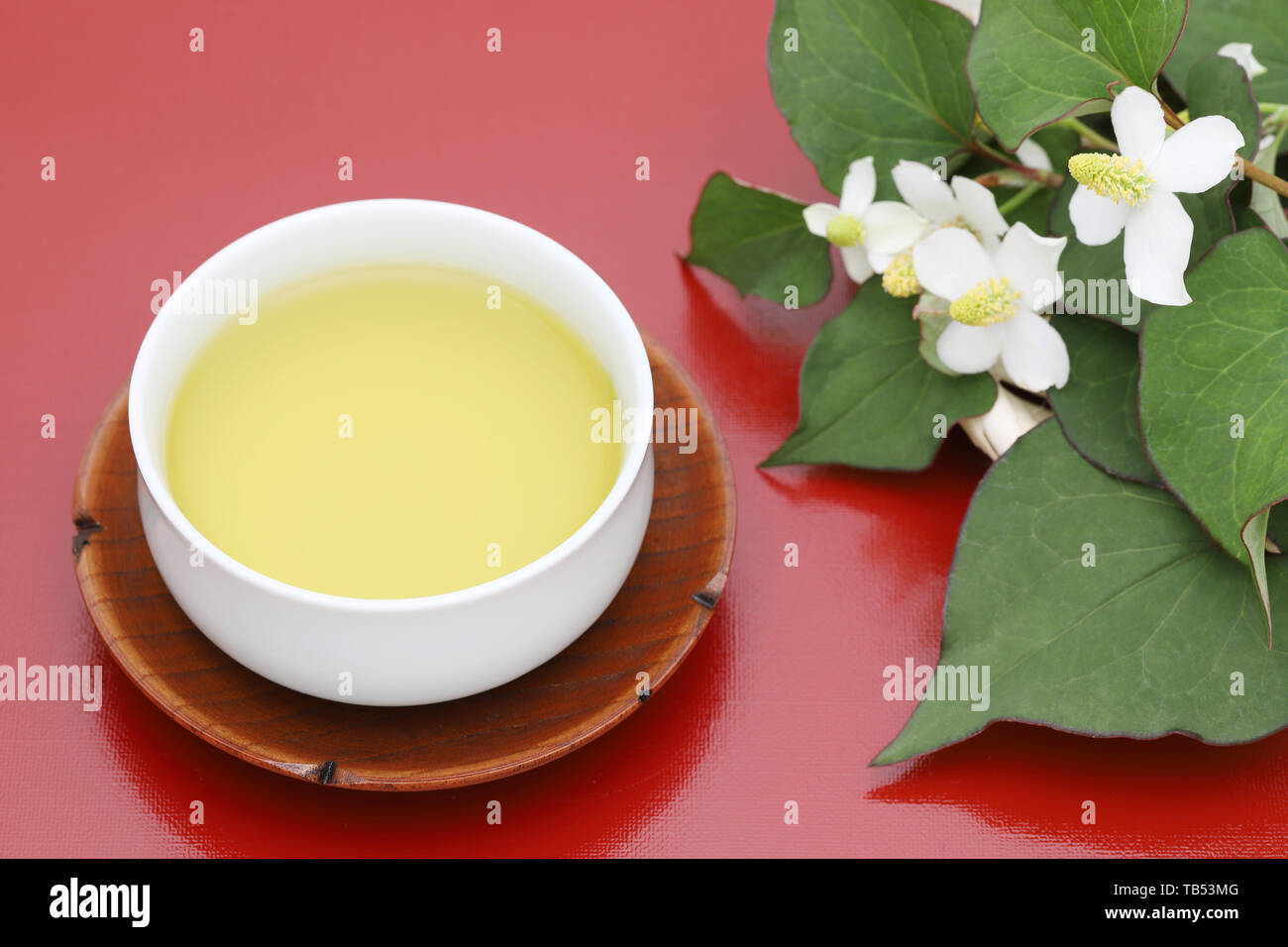 Houttuynia cordata tè, dokudami sano bere, su tavola Foto Stock