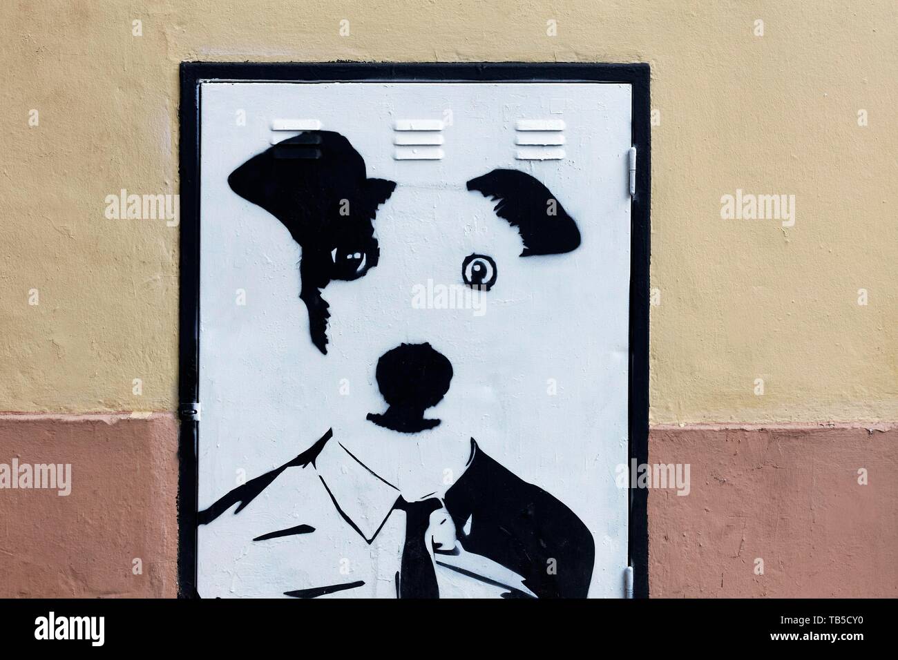 Jack Russel Terrier con camicia e cravatta, stencil, Arte di strada, città vecchia El Carme, Valencia, Spagna Foto Stock