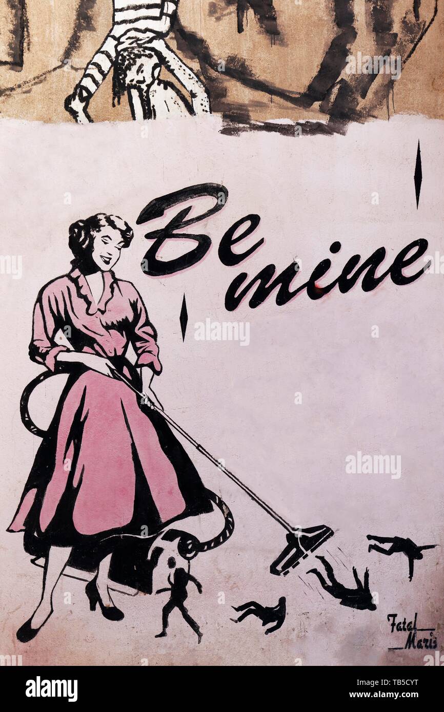 Donna negli anni cinquanta a vestire assorbe poco gli uomini, ironico di stencil Nena Wapa Wapa Wapa, Arte di strada nel carme distretto, città vecchia, Valencia, Spagna Foto Stock