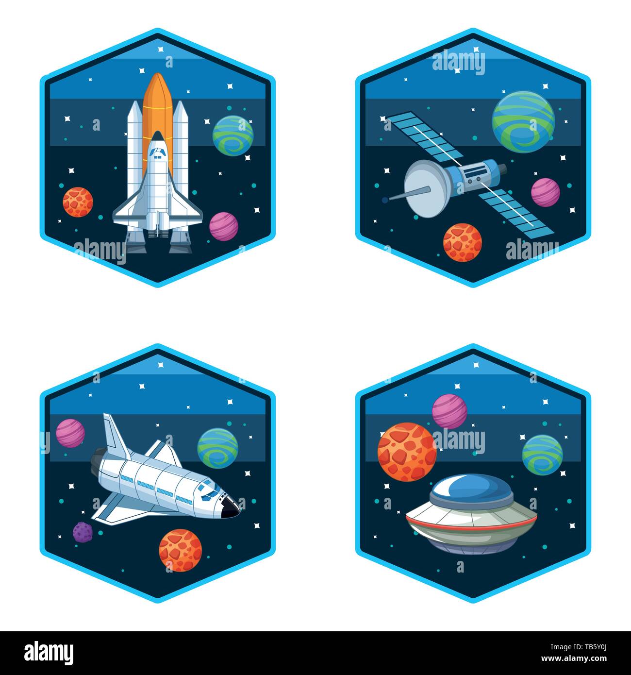 Satellite astronave e ufo set di simboli Illustrazione Vettoriale