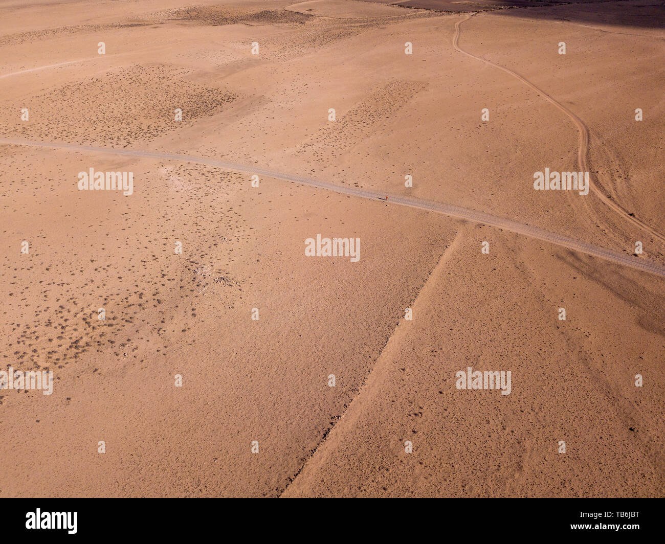 Vista aerea di un paesaggio deserto sull'isola di Lanzarote, Isole Canarie, Spagna. Strada che attraversa un deserto. Un uomo con una t-shirt a piedi Foto Stock