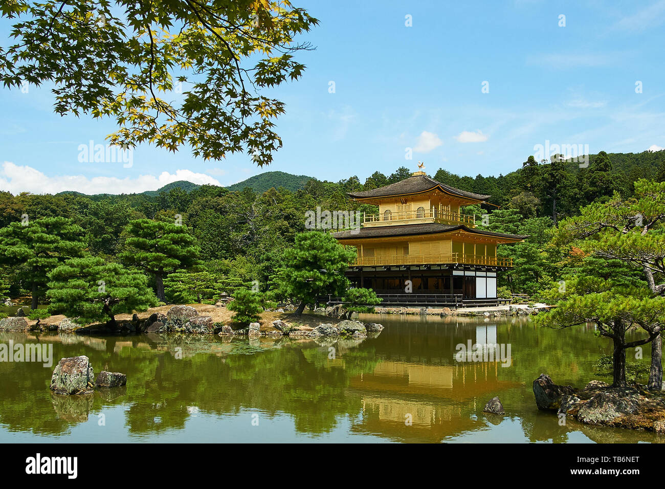 (Kinkakuji padiglione d'Oro) riflette sull'acqua, circondato da alberi e paesaggio giapponese, su una chiara, soleggiate giornate estive a Kyoto, in Giappone. Foto Stock