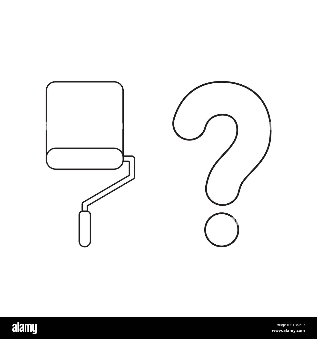 Icona vettore nozione di vernice spazzola a rullo con un punto interrogativo. Contorni neri, sfondo bianco. Illustrazione Vettoriale
