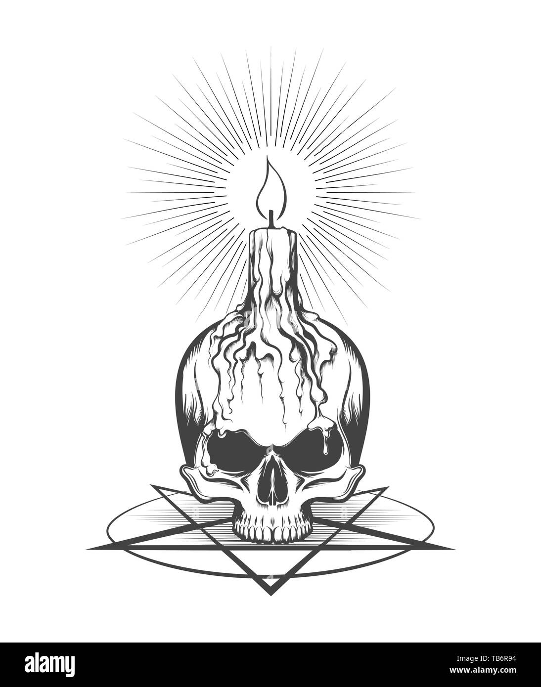 Cranio umano con candela che brucia sul pentagramma segno. Ezoteric o concetto occultic in stile di incisione. Illustrazione Vettoriale. Illustrazione Vettoriale