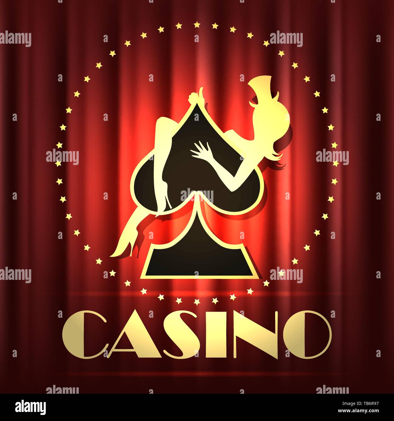Casino Emblema con ragazza sul segno di picche e formulazione casinò sul sipario rosso stadio. Illustrazione Vettoriale. Illustrazione Vettoriale