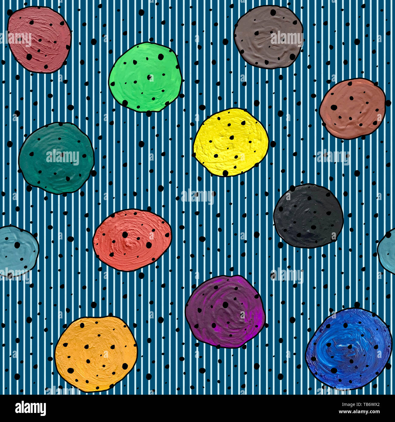 Seamless pattern astratti con gouache cerchi e acrilico su uno sfondo a strisce Foto Stock