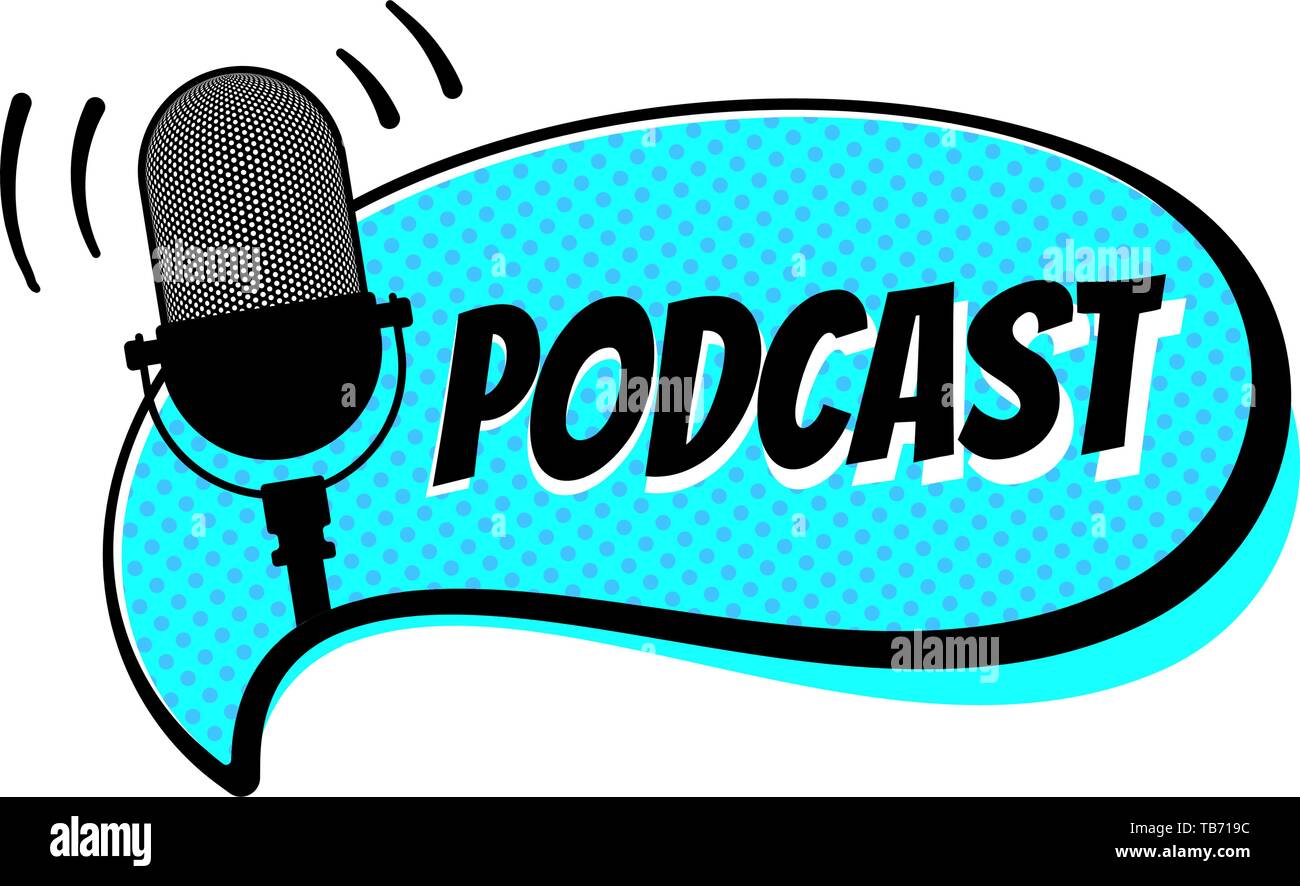 Radio Podcast segno. Retrò studio tavola microfono con testo broadcast su aria sul fumetto blu bolla. Webcast audio concetto record icona microfono. Vector illu Illustrazione Vettoriale