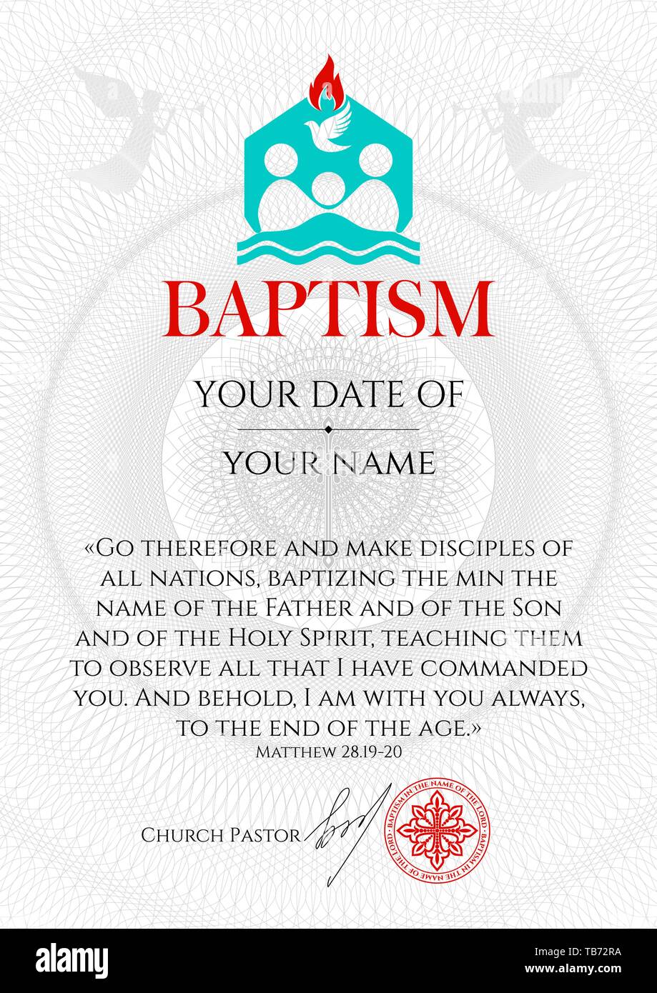 Cartolina battesimo cristiano. Invito, congratulazioni, certificato. Illustrazione Vettoriale