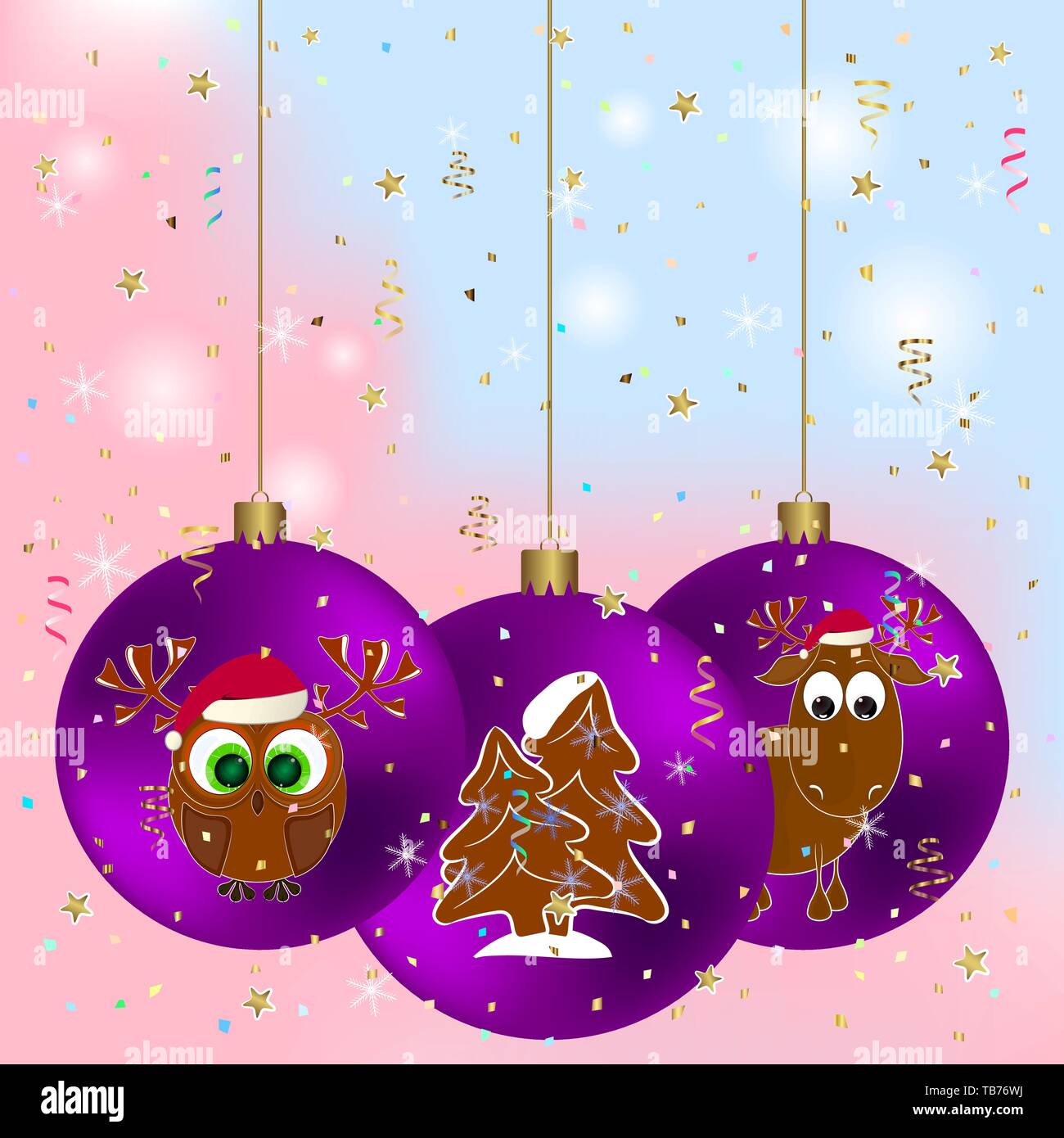 Felice anno nuovo biglietto di auguri con il cervo e il gufo. Buon Natale biglietto di auguri con il cervo e il gufo. Illustrazione Vettoriale