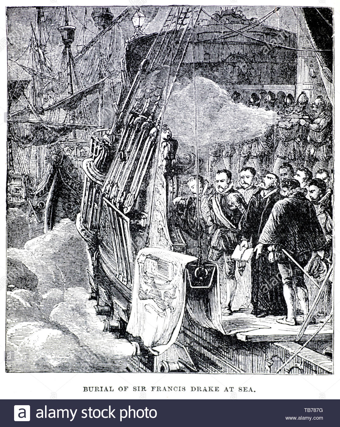 La sepoltura di Francis Drake in mare nel gennaio 1596 Foto Stock