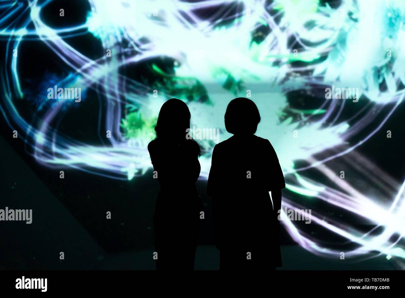 Stati Uniti La First Lady Melania Trump, sinistra e Akie Abe, moglie del Primo Ministro giapponese Shinzo Abe, tour di Borderless mostra al Palazzo Mori Digital Art Museum, 26 maggio 2019 a Tokyo, Giappone. Foto Stock