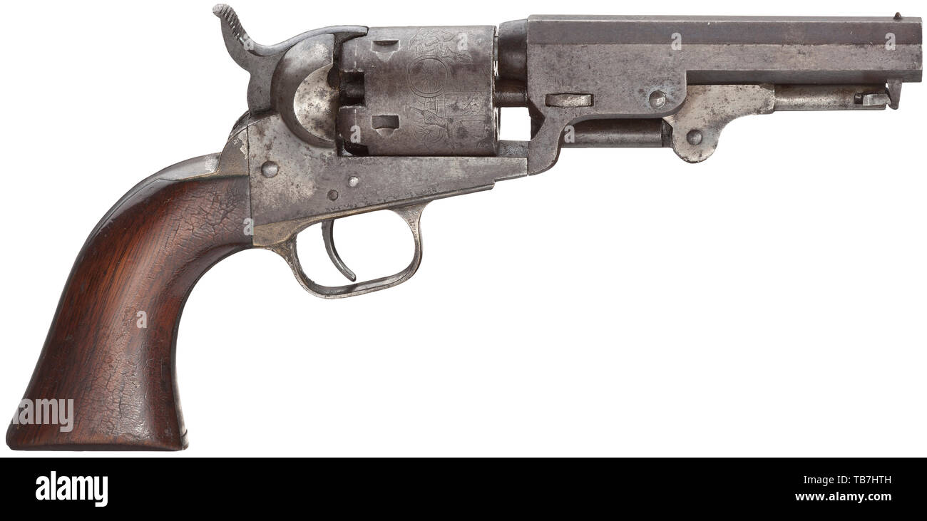 Un modello Colt 1849 Pocket Revolver nel suo caso, Cal..31, n. 88359. 6  ottagonale'-canna con alesaggio ruvida che necessita di pulizia, buona  rigatura. Sulla sommità della camera a due linee per indirizzo