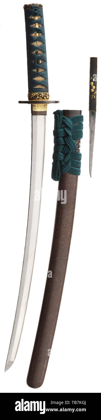 Un giapponese wakizashi, probabilmente la metà e la fine del periodo Kamakura (1250 - 1300), a lama shinogi-zukuri, profondo torii-ZORI in paglia di riso con ko-kissaki dopo aver ripetuto la lucidatura con resti di uno suguha hamon. Ko-maru boshi, masame hada, finitura kesho. Ubu nakago-con due mekugi-ana e sujikai-yasurime, nessuna iscrizione, ma con caratteristiche di Yamato scuola. Goffrati e part-rame dorato niju habaki. Shakudo Nademarugata tsuba (moderno rielaborazione) con decorazioni di fiori sul terreno nanako. Tsuka con fuchi-cascirski di shakudo con decorazioni floreali in stile Mino-Goto. Gr, Additional-Rights-Clearance-Info-Not-Available Foto Stock