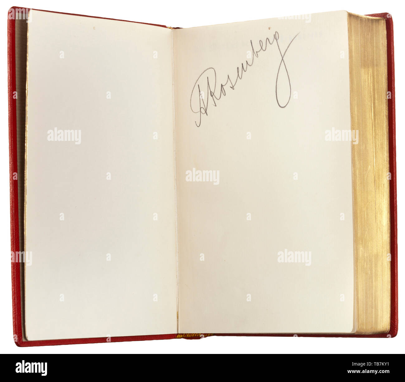 Alfred Rosenberg - Firmato un deluxe edition di 'Der Mythus des 20. Jahrhunderts', 1935, 773 gilt-affilò le pagine con red Marocco Rilegatura in pelle, una prima forma parte eagle con impressioni in oro sul coperchio anteriore, il dorso del libro con oro sbalzato autore e titolo. Sigature manoscritta "A.Rosenberg' a matita sul risguardo del libretto. Molto rare. Xx secolo, 1930s, NS, il socialismo nazionale, il nazismo, il terzo Reich, Reich tedesco, in Germania, in tedesco, nazionale socialista, nazista, periodo nazista, il fascismo, storico, storico Editorial-Use-solo Foto Stock