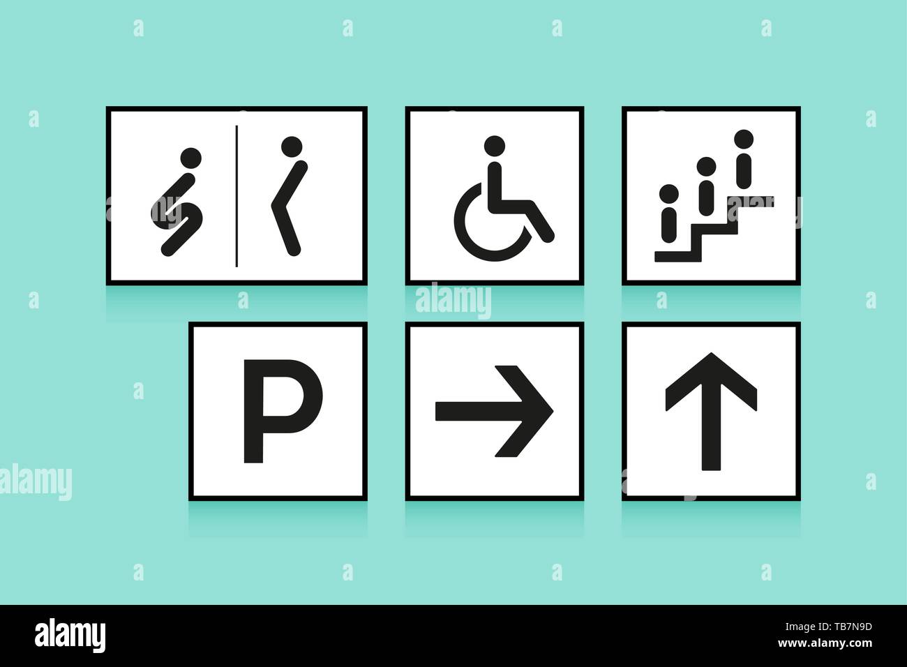 Serie di segni di navigazione. Le icone dei servizi igienici o di WC, freccia e escalator su sfondo bianco. Illustrazione Vettoriale. Illustrazione Vettoriale