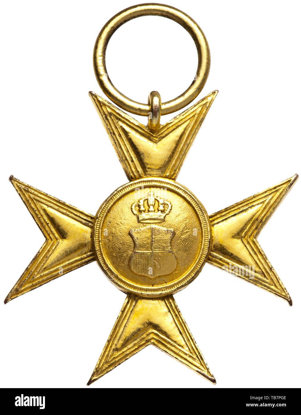 Una Lunga Croce di servizio per gli ufficiali con 25 anni di servizio, pesantemente fire-bronzo dorato croce sulla base del Baden lungo servizio award, ad eccezione del fatto che il medaglione complementare visualizza il royal crest Hohenzollern come progettato da P. Willet in Karlsruhe. Larghezza 38,4 mm. Peso 10,5 g. Istituito il 18 febbraio 1841 (consumato sul 25th), questa lunga service award per gli ufficiali è stato aggiudicato in una sola occasione, ad una parata di Sigmaringen, Oberstleutnant Niedermayr, area commander Major von Rhein, Grandi von Buttlar e capitani Widmann e Kohl. Fino a quando il rep, Additional-Rights-Clearance-Info-Not-Available Foto Stock