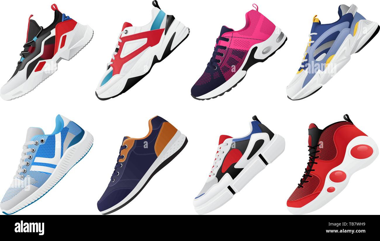 Nuovo Fitness sneakers impostare, Moda scarpe per la formazione scarpa da corsa. Scarpe sportive impostato Illustrazione Vettoriale