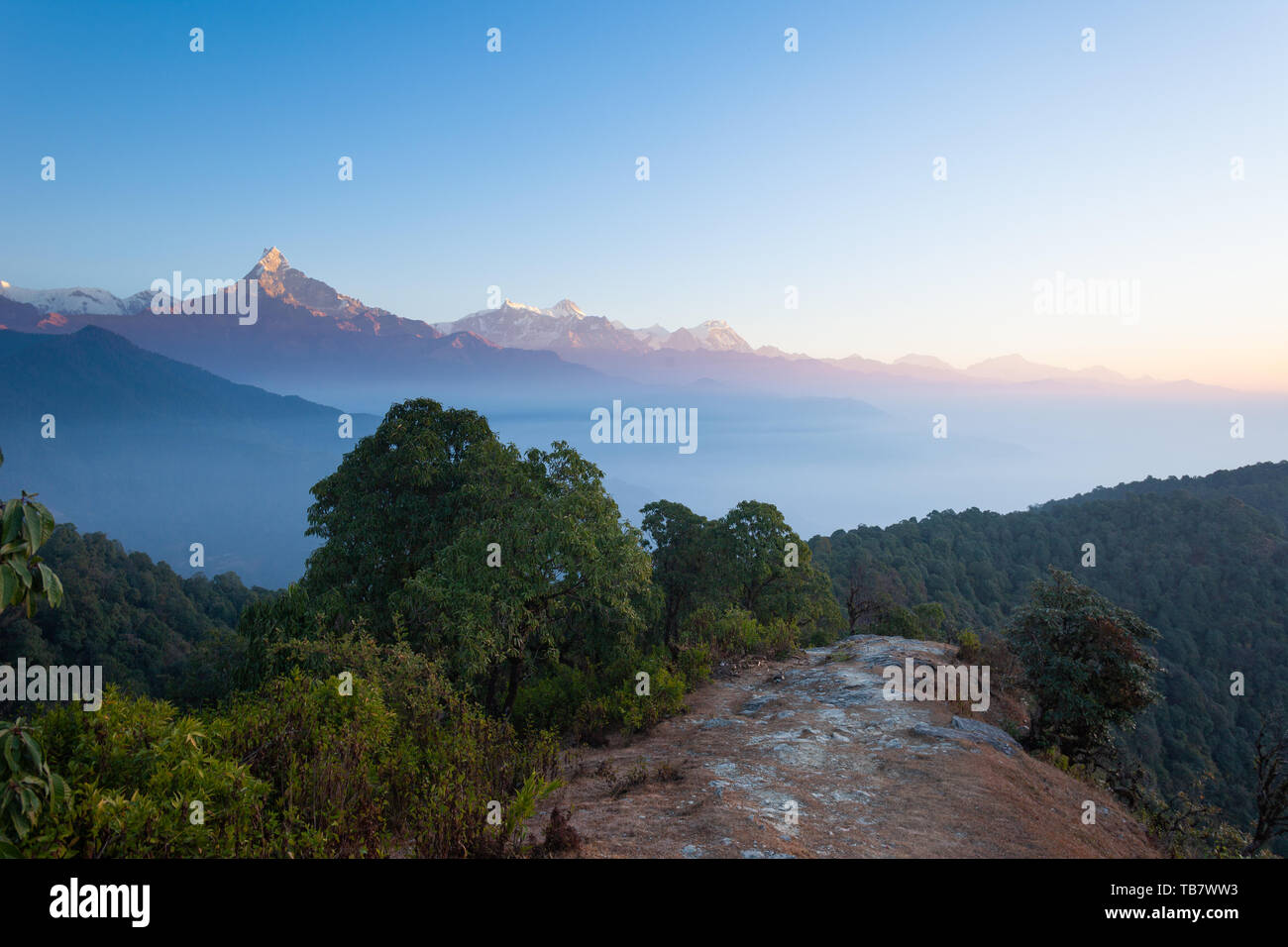 Sentiero escursionistico conduce passato Machapuchare, Annapurna Sud, Himchuli in Himalaya, Nepal Foto Stock