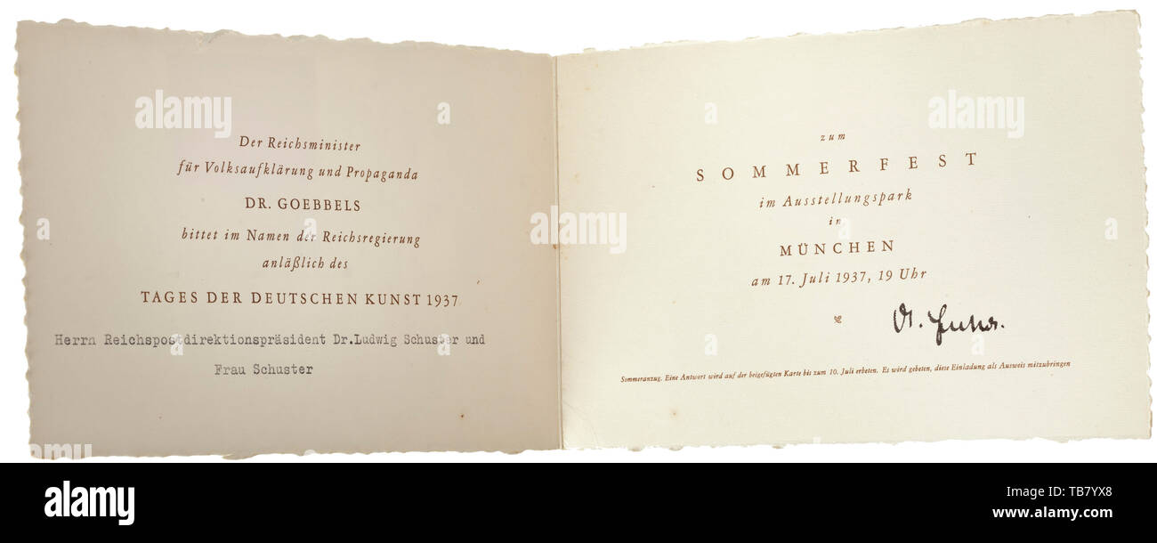 Station wagon di Ludwig Schuster, ministero di testa e Presidente del Reich amministrazione postale, comprende: un invito al (tr) 'Day di arte tedesca 1937' con originale firma di Goebbels, vari telegrammi, e un invito da parte di Hitler in occasione di un ricevimento per Mussolini il 25 settembre 1937 (sede ordine inclusa). Inoltre, documenti di identità, numerosi ritratti in uniforme della Wehrmacht e varie riguardanti la documentazione relativa al 1936 Giochi Olimpici invernali a Garmisch-Partenkirchen (inviti, mappe, posizionare le schede ecc.). Xx secolo, 1930s, NS, il socialismo nazionale, il nazismo, Th, Editorial-Use-solo Foto Stock