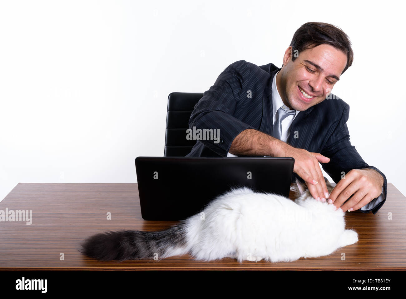 Studio shot di giovani felici imprenditore persiano sorridente e toccando cute cat mentre è seduto con il portatile sul tavolo di legno contro uno sfondo bianco Foto Stock