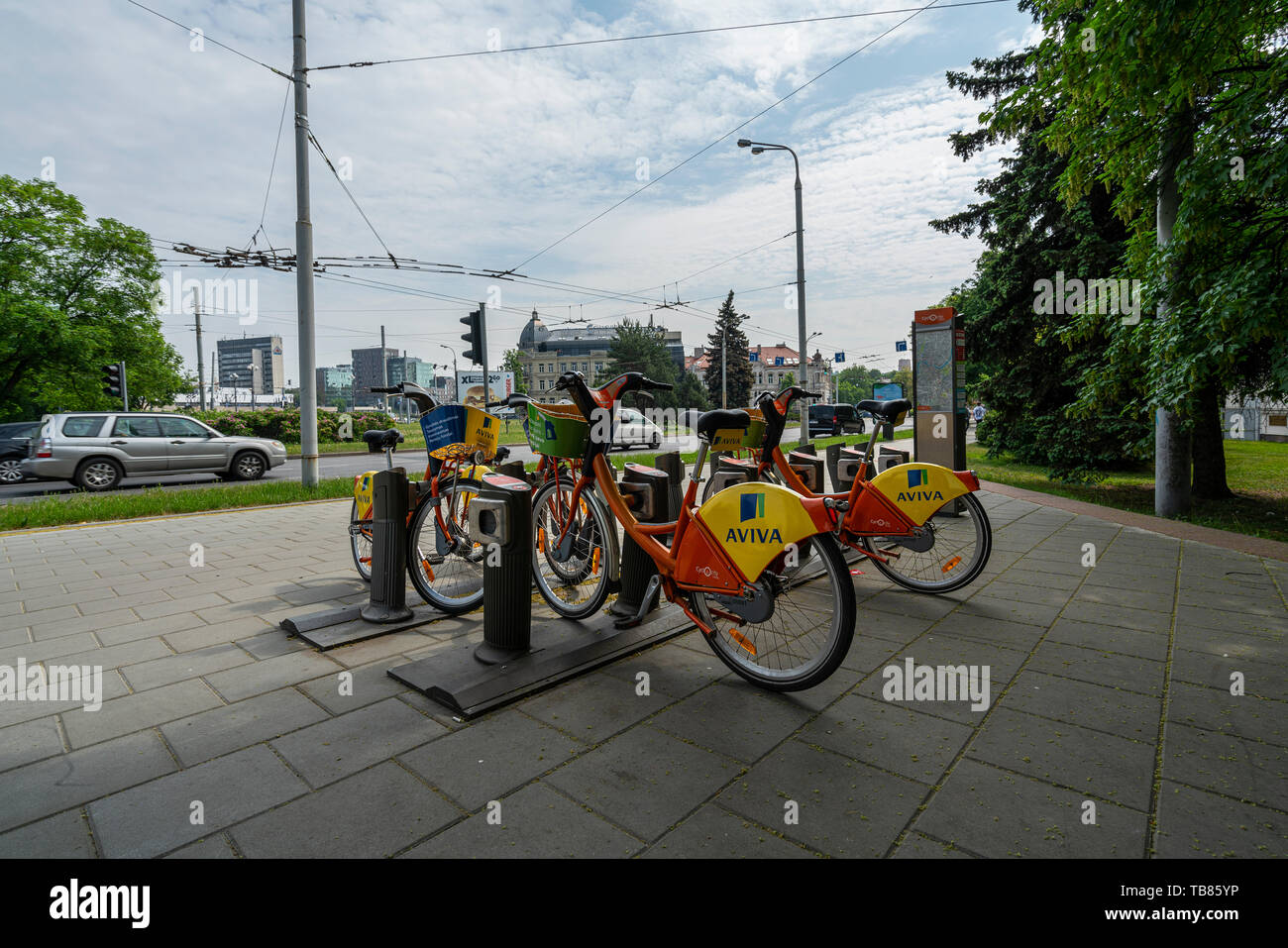 Vilnius, Lituania. Maggio 2019. un noleggio biciclette stazione nel centro della città Foto Stock