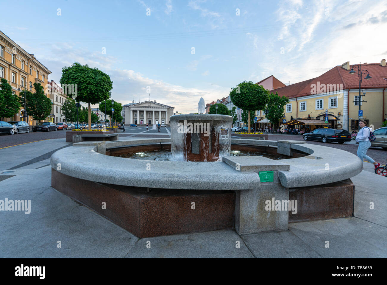 Vilnius, Lituania. Maggio 2019. La piazza del Municipio fontana nel centro della città Foto Stock