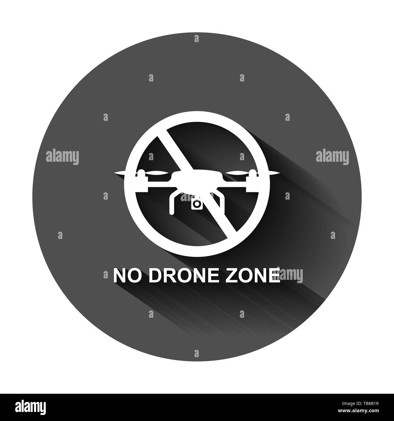 Nessuna zona di drone segno icona in stile appartamento. Divieto Quadrocopter illustrazione vettoriale sul tondo nero lo sfondo con lunga ombra. Elicottero volo proibito bu Illustrazione Vettoriale