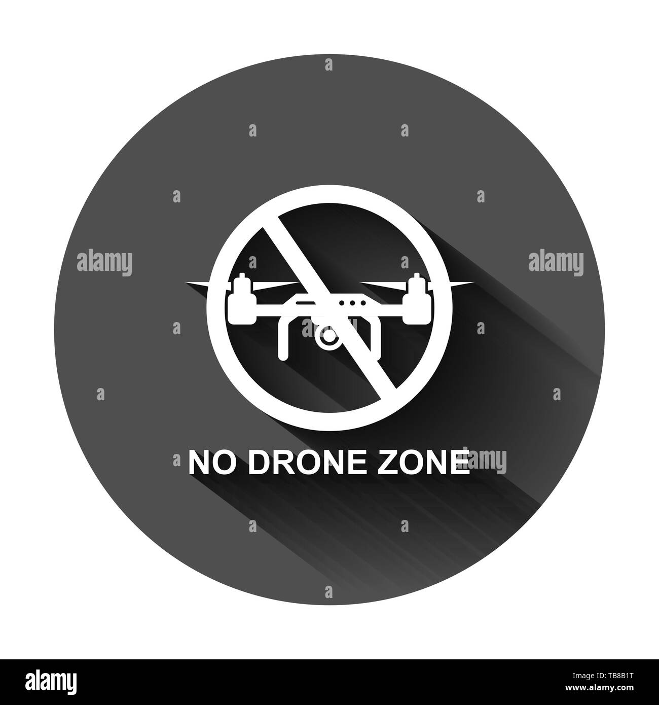 Nessuna zona di drone segno icona in stile appartamento. Divieto Quadrocopter illustrazione vettoriale sul tondo nero lo sfondo con lunga ombra. Elicottero volo proibito bu Illustrazione Vettoriale