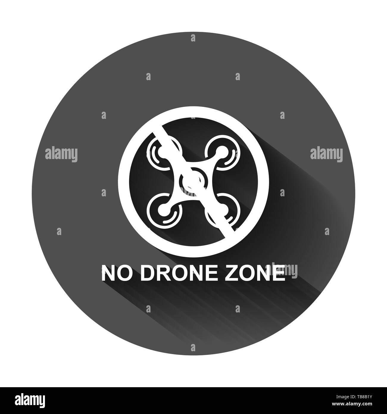 Nessuna zona di drone segno icona in stile appartamento. Divieto Quadrocopter illustrazione vettoriale sul tondo nero lo sfondo con lunga ombra. Elicottero volo proibito bu Illustrazione Vettoriale