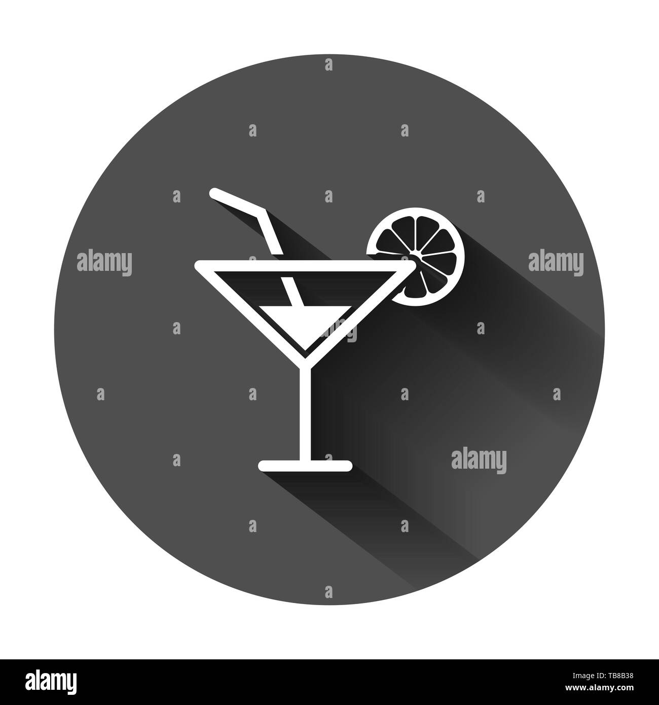 Cocktail alcolici icona in stile appartamento. Bere un bicchiere illustrazione vettoriale sul tondo nero lo sfondo con lunga ombra. Martini liquido il concetto di business. Illustrazione Vettoriale