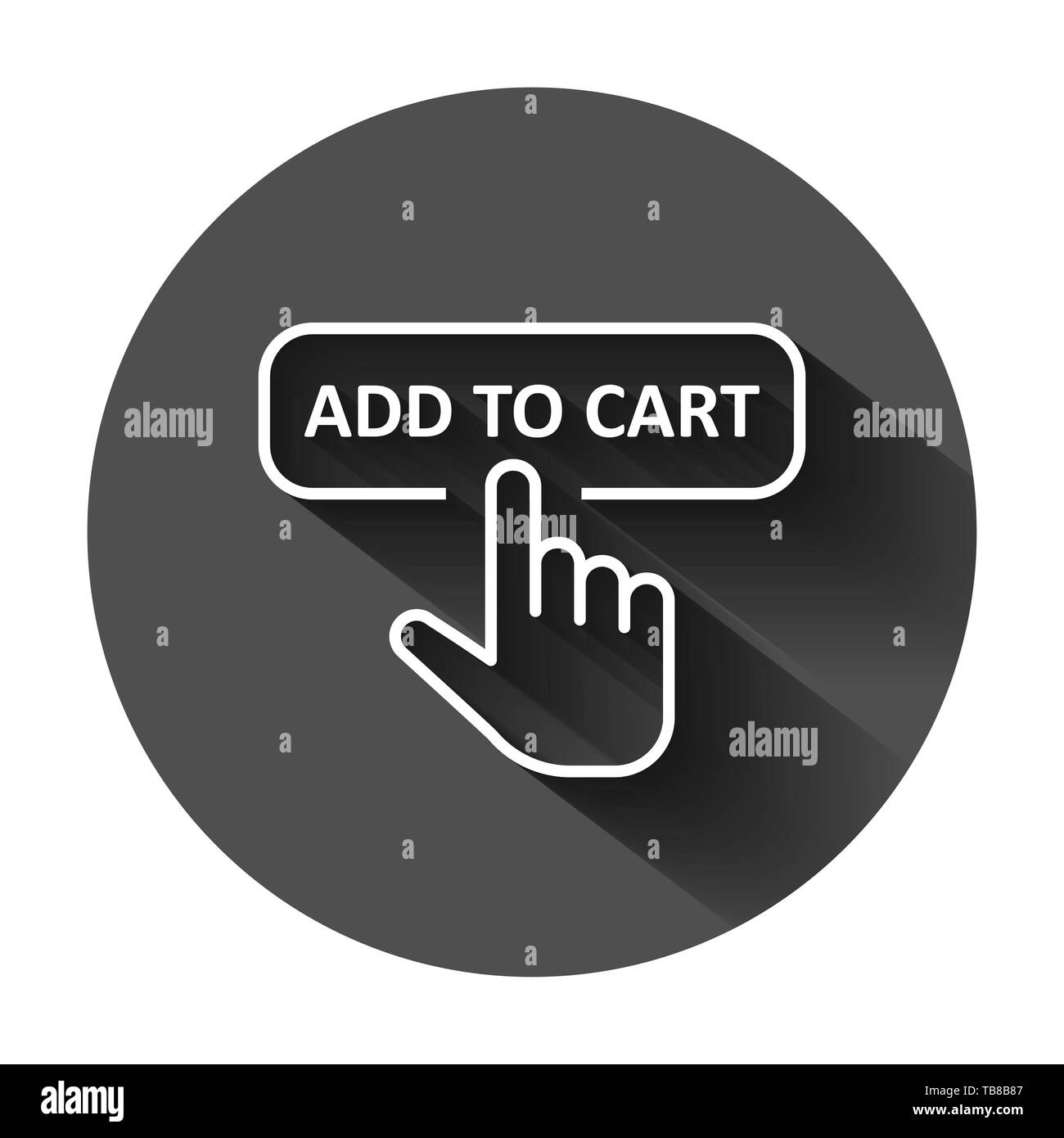 Aggiungere al carrello shop icona in stile appartamento. Cursore del dito illustrazione vettoriale sul tondo nero lo sfondo con lunga ombra. Fare clic sul pulsante concetto aziendale. Illustrazione Vettoriale